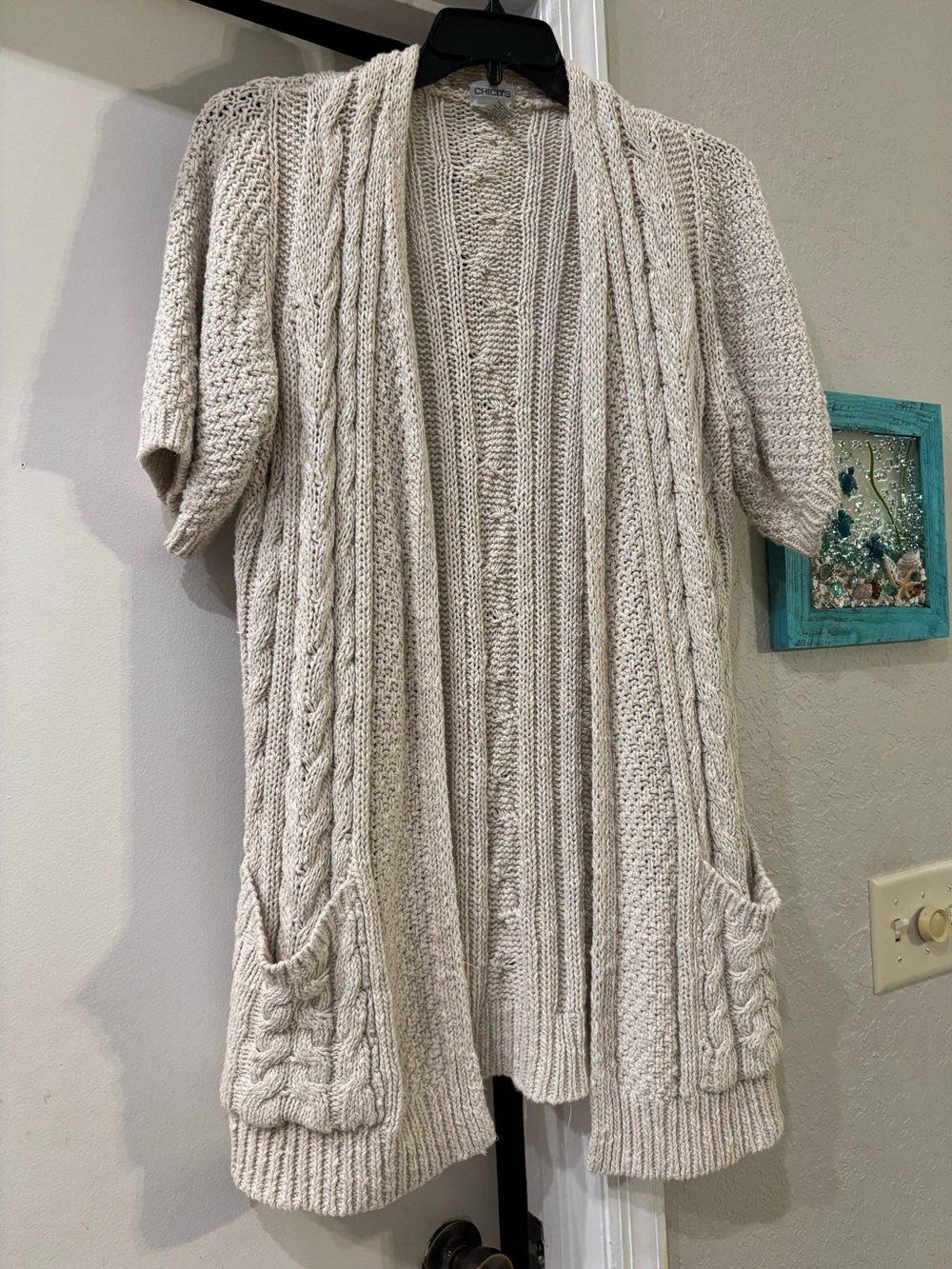 Chico's Cream Cable Stitch Knit Short-Sleeve Open Cardigan Seater - L/XL